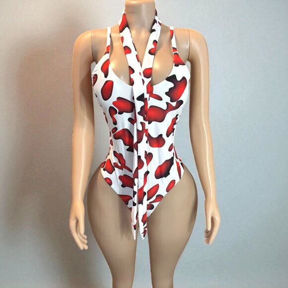 Red and White High Cut Women One-piece With Sash - Picture 6 of 8